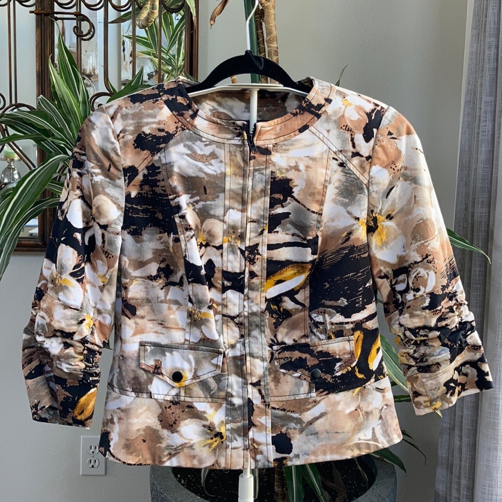 Coldwater Creek floral  jacket size P6 brown s tan black yellow cream gray color